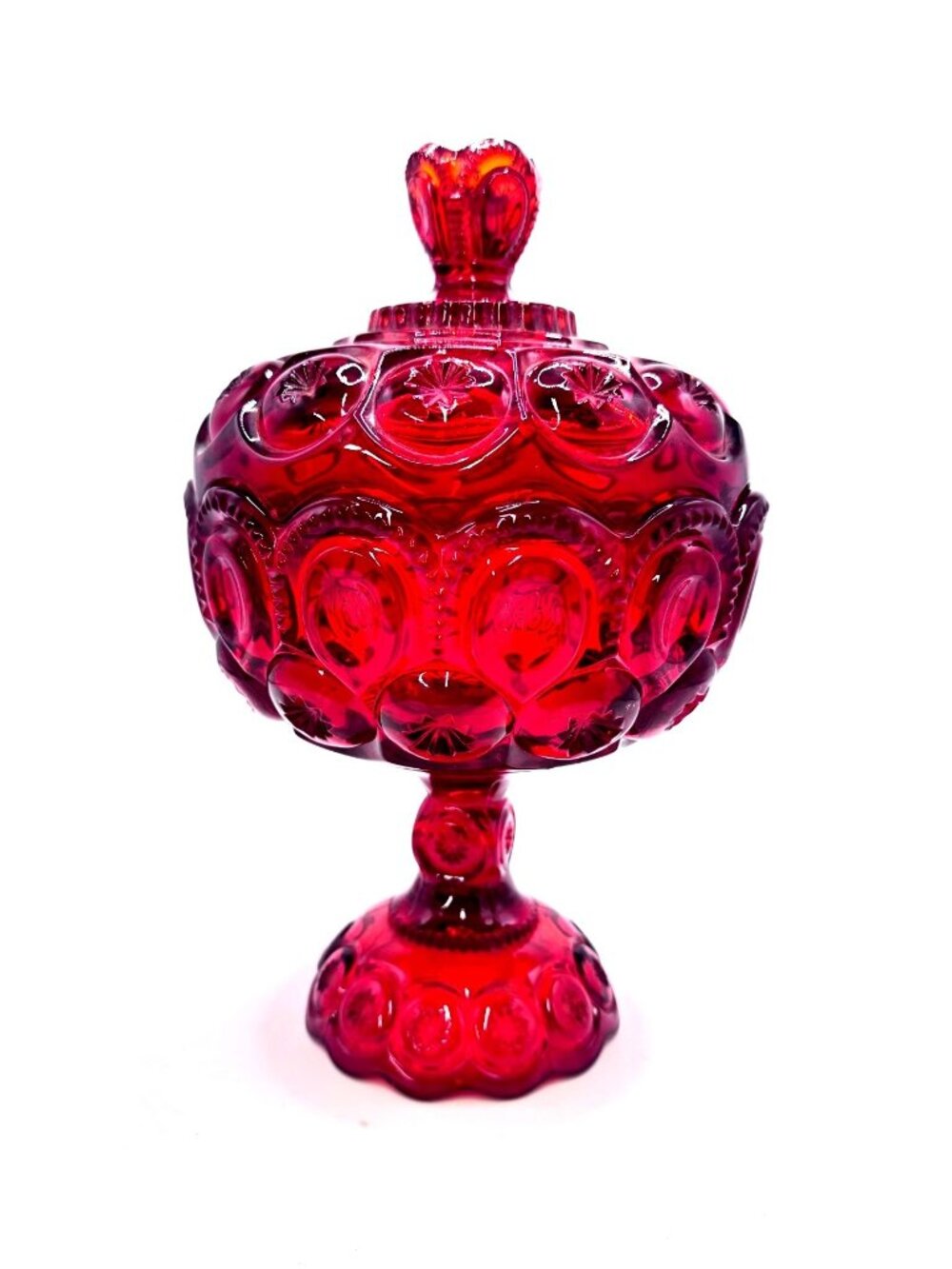 Vintage Ruby Red Moon Stars Glass Compote Candy Dish LE Smith Pedestal Base 8" T